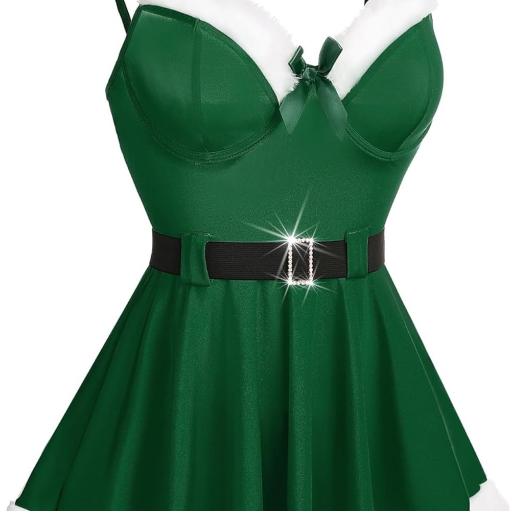 Green Dress with Black Belt and White Trim